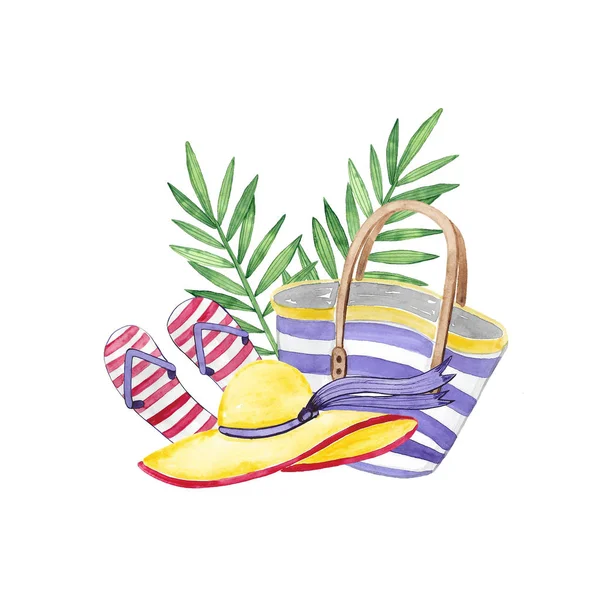 Watercolor set of holiday elements. Summer time. Beach design