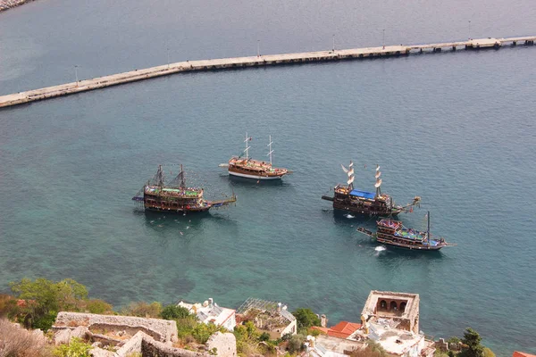 Аланья Турция Вид Город Море Лодки Крепость — стоковое фото