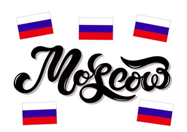 Moskova, Rusya. Elle çizilmiş harfler. Vektör illüstrasyon. Tipografi afişi, afiş. Rusya'nın başkenti. Avrupa. Rus bayrağı