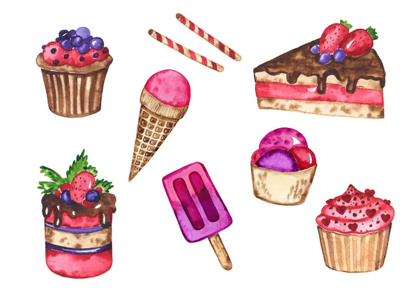 Watercolor set of tasty cakes. Sweet desserts. Cakes, cupcakes and other cute elements. Watercolor hand drawn illustration