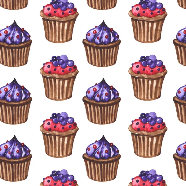 Aquarel Set Van Smakelijke Cupcakes Zoete Desserts Naadloos Patroon Aquarel — Stockfoto