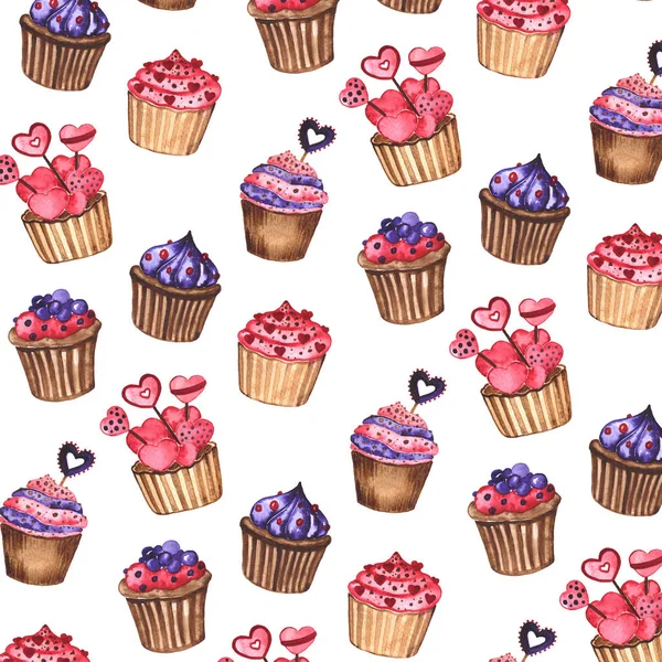 Aquarel Set Van Smakelijke Cupcakes Zoete Desserts Naadloos Patroon Aquarel — Stockfoto