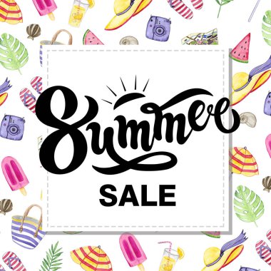 Yaz. Yaz indirimi. Suluboya arka plan ile elle çizilmiş harfler. Arka plan suluboya sevimli yaz elemanları vardır