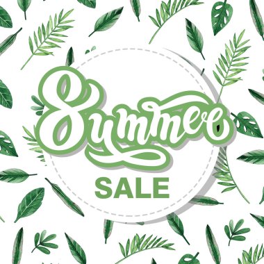 Yaz. Yaz indirimi. Suluboya arka plan ile elle çizilmiş harfler. Arka plan yeşil suluboya yaprakları vardır