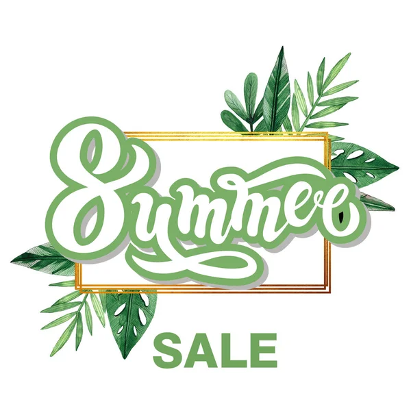Summer. Summer sale. Hand drawn lettering with watercolor background. Background has green watercolor leaves