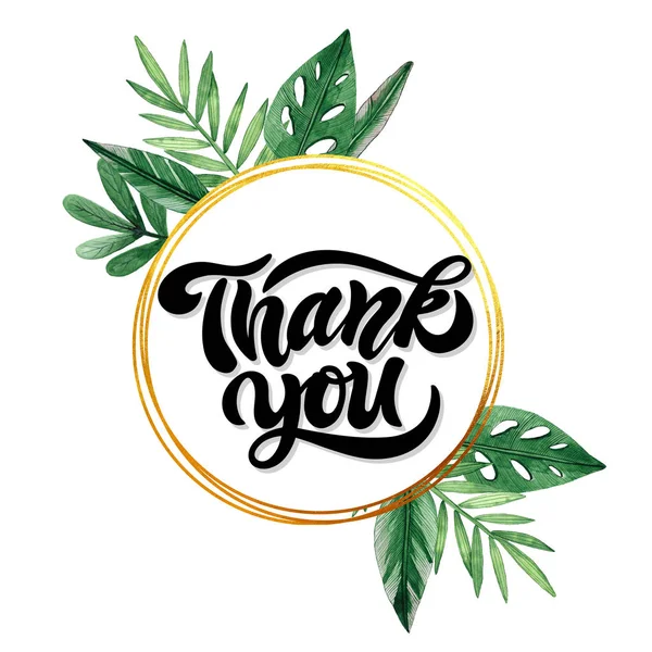 Teşekkür ederiz. Suluboya arka plan ile elle çizilmiş harfler. Arka plan yeşil suluboya yaprakları vardır