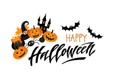 Cadılar Bayramınız Kutlu Olsun. Elle çizilmiş yazı ve illüstrasyon. Vektör illüstrasyon. Cadılar Bayramı partisi için en iyi afiş