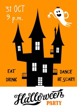 Cadılar Bayramı partisi veya Cadılar Bayramı tebrik kartı için el ilanı. Elle çizilmiş harfler ve illüstrasyonlar. Vektör illüstrasyon. Cadılar Bayramı partisi için en iyi afiş