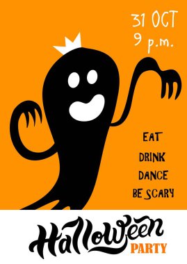 Cadılar Bayramı partisi veya Cadılar Bayramı tebrik kartı için el ilanı. Elle çizilmiş harfler ve illüstrasyonlar. Vektör illüstrasyon. Cadılar Bayramı partisi için en iyi afiş