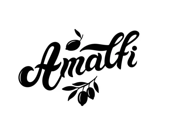 Amalfi. Amalfi kıyısındaki İtalyan kasabasının adı. El çizimi harfler. Vektör çizimi. Hatıra eşyaları için en iyisi..