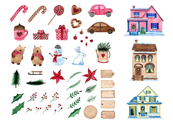 Noel / Yeni Yıl suluboya elementleri. El çizimi çizimi. Şirin hayvanlar, şekerler, ağaçlar, evler, etiketler ve diğer unsurlar. Yeni yıl / Noel tasarımı için en iyisi.