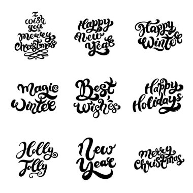 Noel / Yeni Yıl mektupları. Mutlu Noeller, Mutlu yıllar, Sihirli Kış vesaire. El çizimi harfler. Tebrik kartı, davetiye şablonları, posterler, afişler için en iyisi. Vektör illüstrasyonu