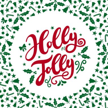 Holly Jolly. El çizimi harfler. Noel / Yeni Yıl tebrik kartları, davetiye şablonları, posterler, afişler için en iyisi. Vektör illüstrasyonu
