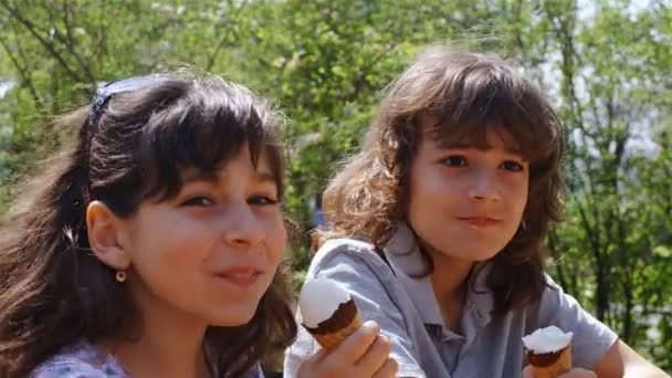 Menino Menina Comendo Sorvetes Parque — Vídeo de Stock