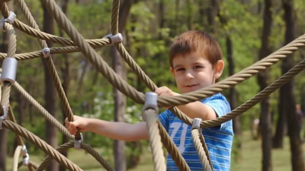 Slow Motion Years Old Boy Climbing Jungle Gym — Stock Video