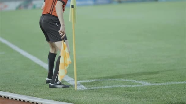 Assistente Árbitro Linesman Movendo Longo Linha Lateral Durante Jogo Futebol — Vídeo de Stock