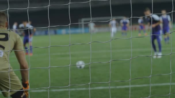 Professional Football Soccer Game Defocused Footballer Scoring Goal Fps Slow — Stock Video