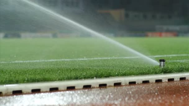 Tiro Noturno Futebol Sistema Irrigação Campo Futebol Grama Rega Automática — Vídeo de Stock