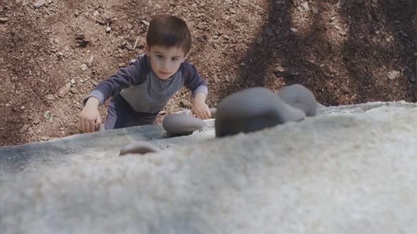 Αργή Κίνηση Του Μικρού Αγοριού Σκαρφαλώνοντας Στην Παιδική Χαρά — Αρχείο Βίντεο