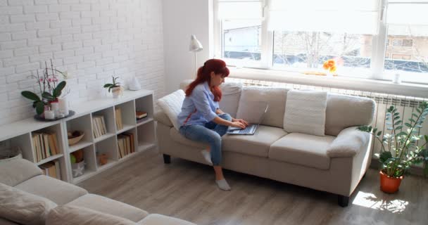 家の概念からの仕事 ラップトップで家の入力メールから働くビジネスマンの女性のフリーランス ソファに座ってコンピュータを使用して焦点を当てた女の子 距離インターネットの仕事で忙しい女性のユーザー — ストック動画