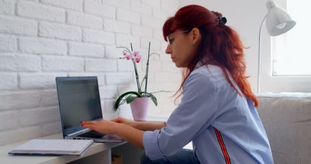 Praca Domu Bizneswoman Freelancer Pracuje Domu Wpisując Mail Laptopie Skupiona — Wideo stockowe