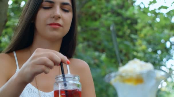 Girl Drinking Lemonade Slow Motion — Stock Video