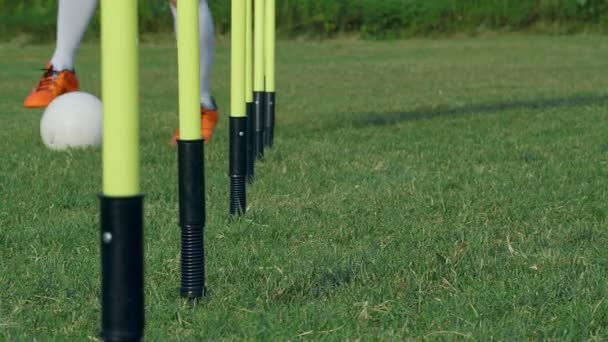 Los Pies Jugador Entrenando Con Una Pelota Fútbol Campo Cámara — Vídeo de stock