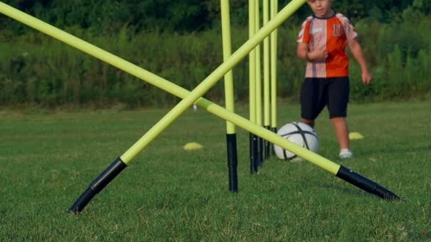 Niño Años Que Esfuerza Con Una Pelota Fútbol Campo — Vídeos de Stock