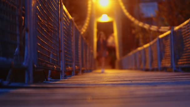 Mooie Jonge Vrouw Die Avonds Een Brug Loopt Bruglampen Achtergrond — Stockvideo