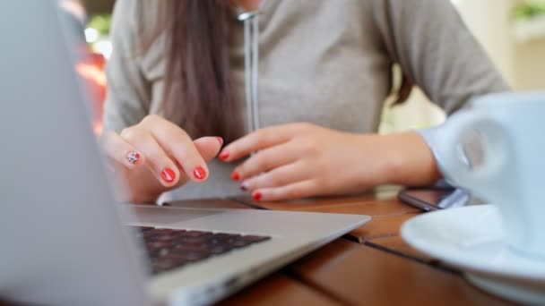 Belle Jeune Femme Affaires Réussie Avec Ordinateur Portable Dans Café — Video