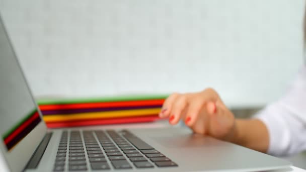 Detail Shot Hands Young Business Woman Working Laptop Home — стоковое видео