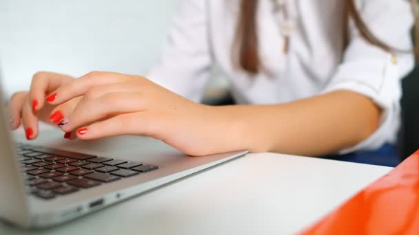 Detail Shot Hands Young Business Woman Working Laptop Home — стоковое видео