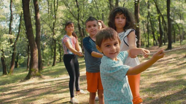 Niños Jugando Tirón Guerra Parque Día Soleado Cámara Lenta — Vídeos de Stock