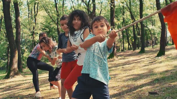 晴れた日に公園で戦争の綱引きをしている子供たち 4Kスローモーション — ストック動画