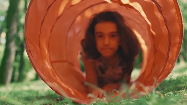小女孩爬到公园里的儿童玩具隧道里 — 图库视频影像