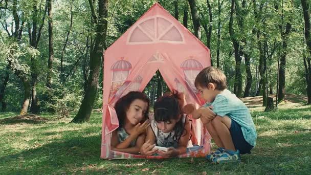 二人の女の子は公園のテントのおもちゃに横たわっているスマートフォンで遊んでいます 男の子はそれらを覗きます — ストック動画