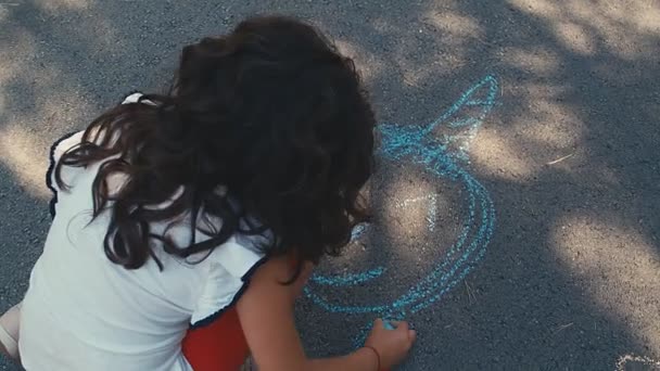 一个小女孩在柏油上画了一个独角兽 一个小女孩在公园里画粉笔 — 图库视频影像