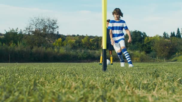 Two Kids Boys Training Soccer Ball Field Slow Motion — Stock Video