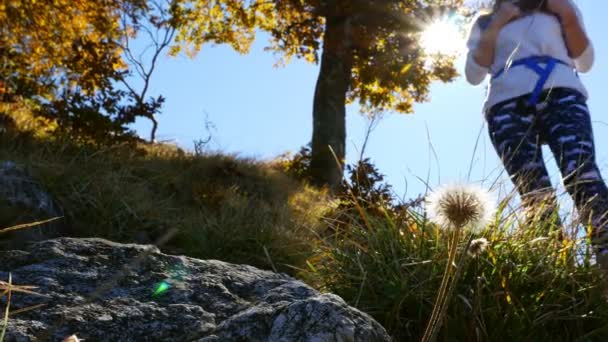 Bajo Ángulo Una Turista Mujer Caminando Montaña Día Soleado Otoño — Vídeos de Stock