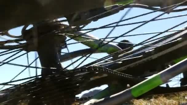 太陽の光 4Kでクロスカントリーサイクリングのマウンテンバイクの自転車の詳細 — ストック動画