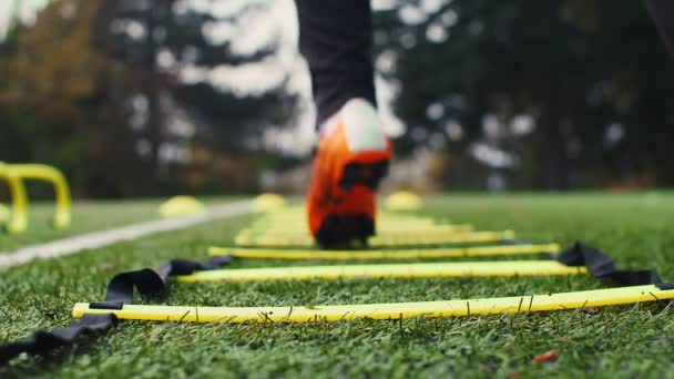 Träningsutrustning För Fotbollsträning Professionell Fotbollsspelare Med Smidig Stege Slow Motion — Stockvideo