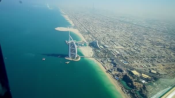Aerial View Dubai Coastline Plane Burj Arab Jumeirah Beach Hotel — Stock Video