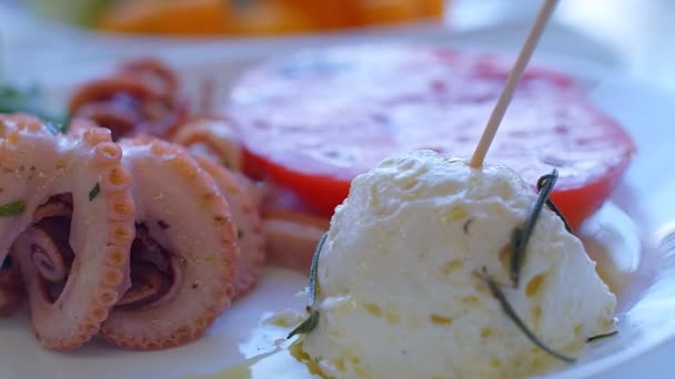 Ein Teller Mit Mediterranem Essen Mit Oktopus Salat Tomaten Und — Stockvideo