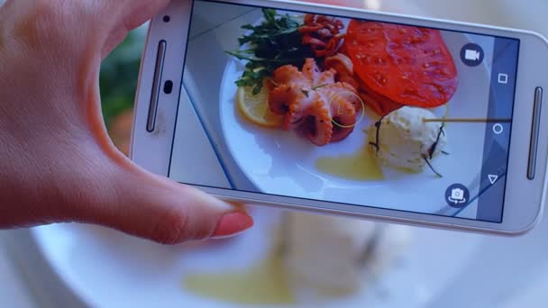 Mãos Mulher Tirando Fotos Comida Jantar Por Smartphone — Vídeo de Stock