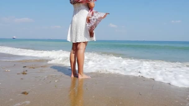 美丽的年轻女子独自站在空旷的海滩上 动作缓慢 — 图库视频影像