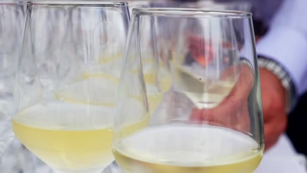 男的手拿着一杯香槟在白色桌布上整齐地排列着一排装着酒瓶的酒杯 — 图库视频影像