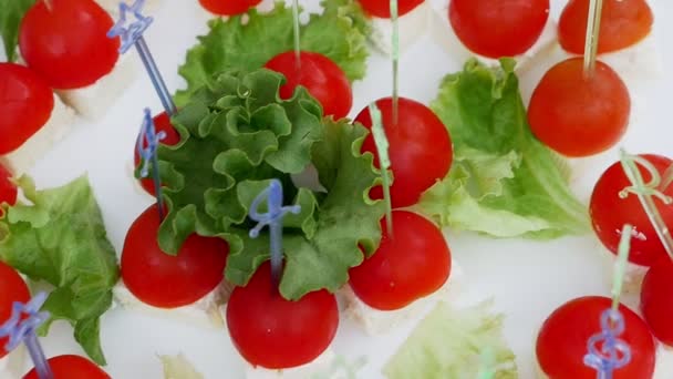 Catering Food Layout Pomodori Ciliegia Snack Formaggio Sono Distesi Sul — Video Stock