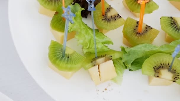 Catering Food Layout Kiwi Cheese Snacks Laid Out Table Guests — Stock Video