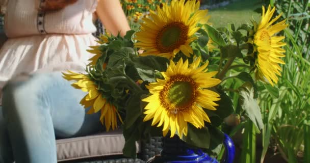 Seorang Wanita Bersantai Kebun Hijau Karangan Bunga Matahari Kuning Yang — Stok Video