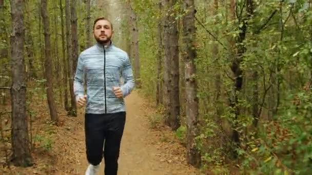 Tracking Kamera Eines Jungen Mannes Beim Joggen Herbst Park Wald — Stockvideo